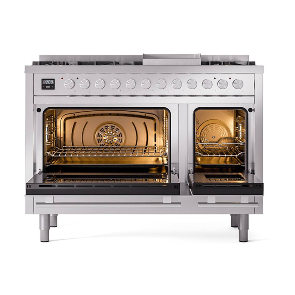Alt View 1. ILVE - ILVE Professional Plus II Series 48 in. Dual Fuel Range with 8 Sealed Burners + Griddle (Natural Gas, Satin Trim) - Stainless Steel.