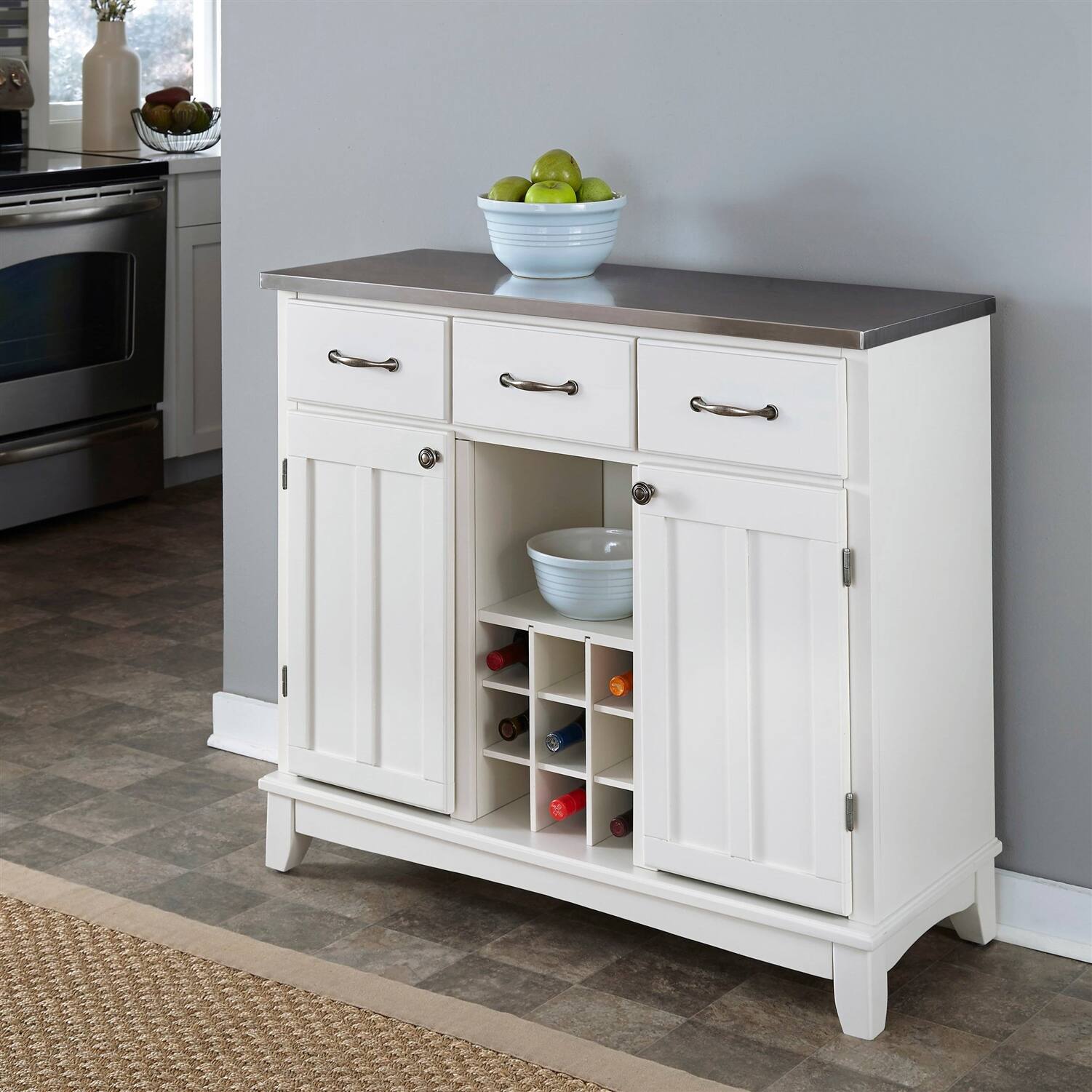 Angle. Hivvago - Stainless Steel Top Kitchen Island Sideboard Cabinet Wine Rack in White - White.