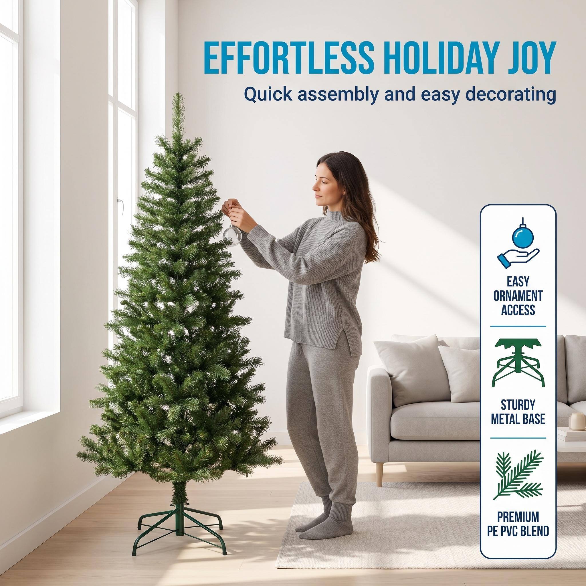EFFORTLESS HOLIDAY JOY  
Quick assembly and easy decorating  

EASY ORNAMENT ACCESS  
STURDY METAL BASE  
PREMIUM PE PVC BLEND