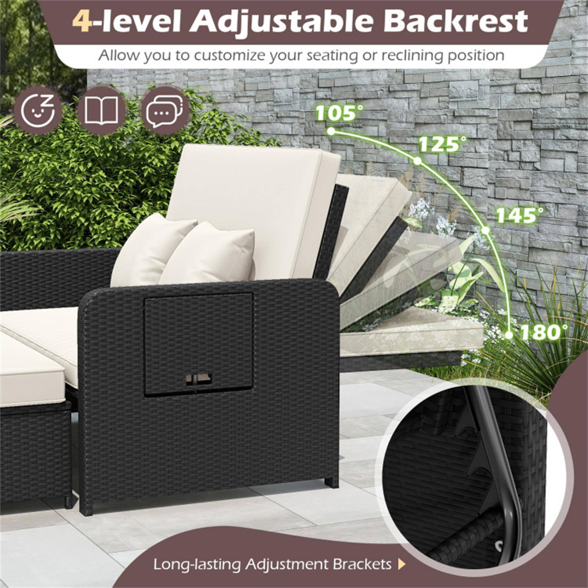 4-level Adjustable Backrest  
Allow you to customize your seating or reclining position  
105° 125° 145° 180°  
Long-lasting Adjustment Brackets