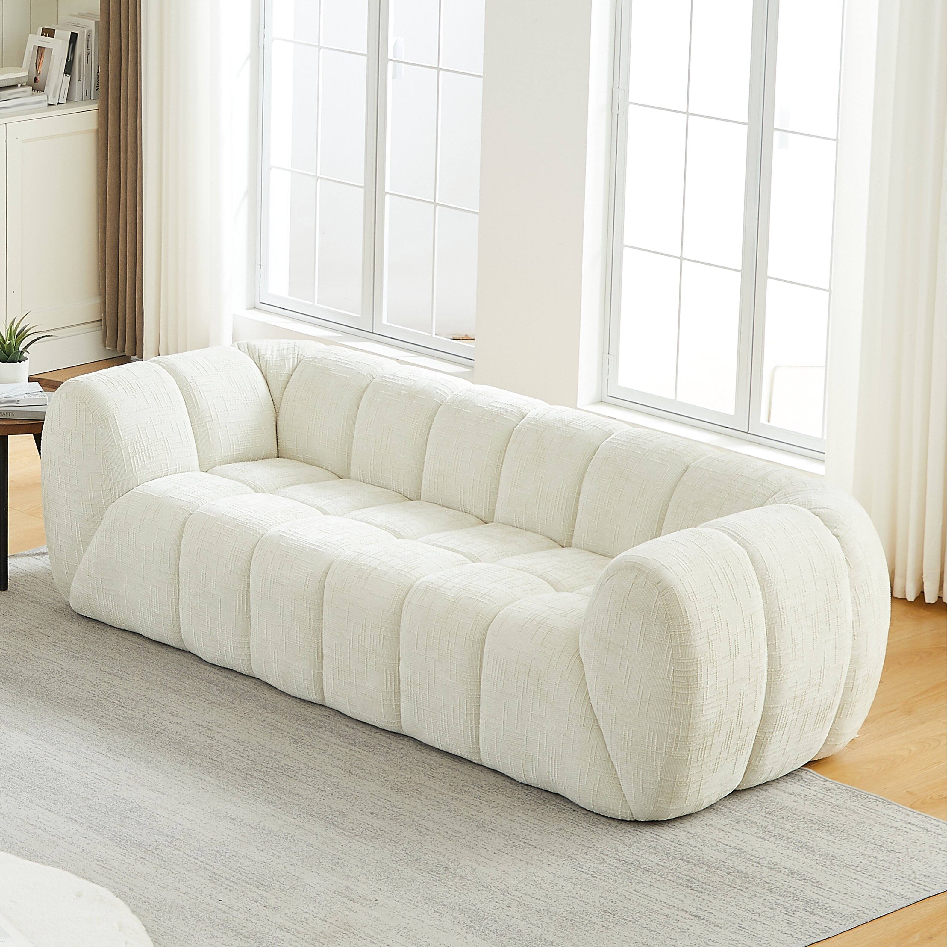 Left. Anysun - Comfortable Three-Seater Chenille Pure Foam Sofa – Modern Quilted Cloud Sofa, Deep-Seat Chenille - Beige.