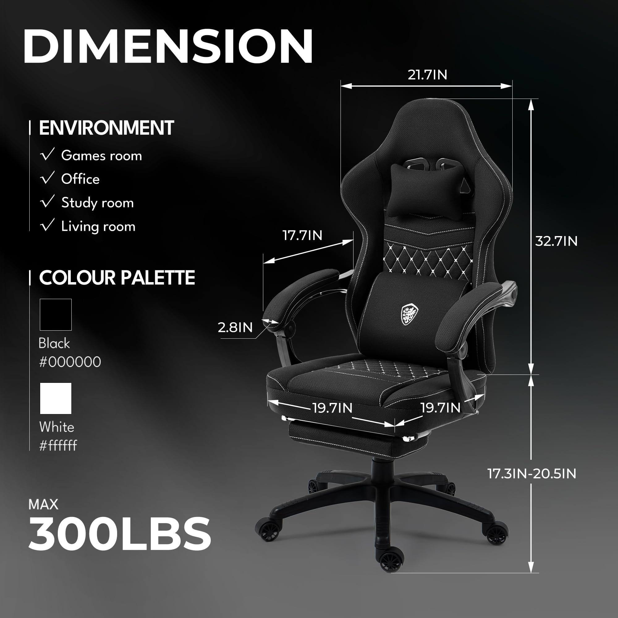 DIMENSION  
21.7IN | 17.7IN | 32.7IN | 2.8IN | 19.7IN | 19.7IN | 17.3IN-20.5IN | MAX 300LBS  

ENVIRONMENT  
Games room  
Office  
Study room  
Living room  

COLOUR PALETTE  
Black #000000  
White #ffffff