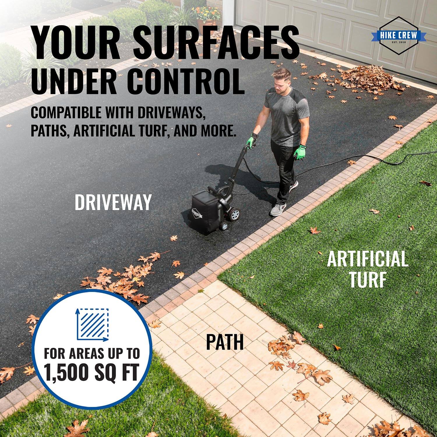 YOUR SURFACES UNDER CONTROL  
COMPATIBLE WITH DRIVEWAYS, PATHS, ARTIFICIAL TURF, AND MORE.  

HIKE CREW 012.2019  

DRIVEWAY  
ARTIFICIAL TURF  
FOR AREAS UP TO 1,500 SQ FT  
PATH