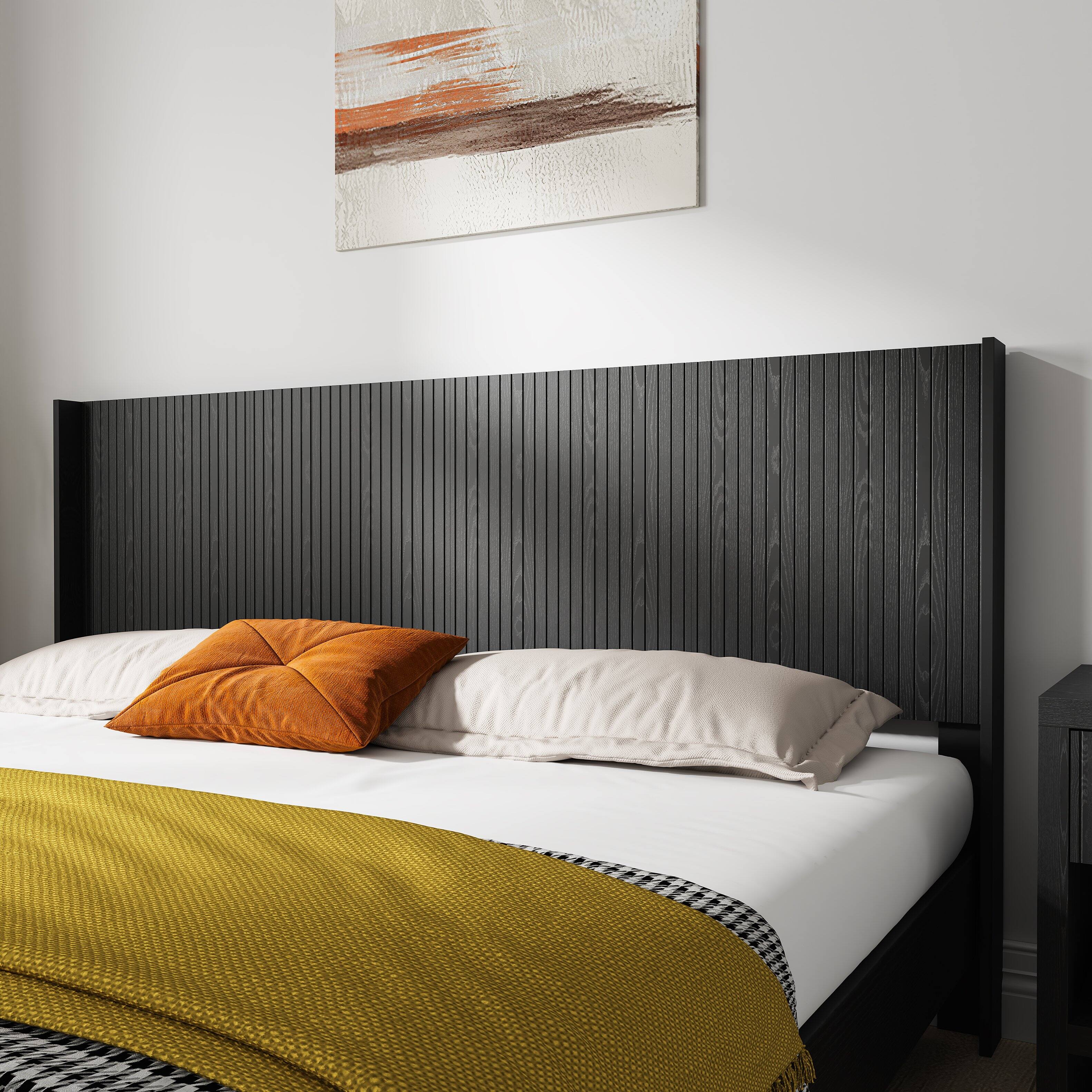 Back. GOODSILO - Queen Size Wood Headboard - 64.4"" Wide, Modern Farmhouse Style, Fluted Panel Design - Black Woodgrain.