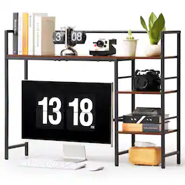 VEVOR - Desktop Bookshelf 4-Tier Countertop Storage Hutch for Computer Desk,Metal Frame and Wooden Shelf,with Non-Slip Feet Pads - Black;Brown