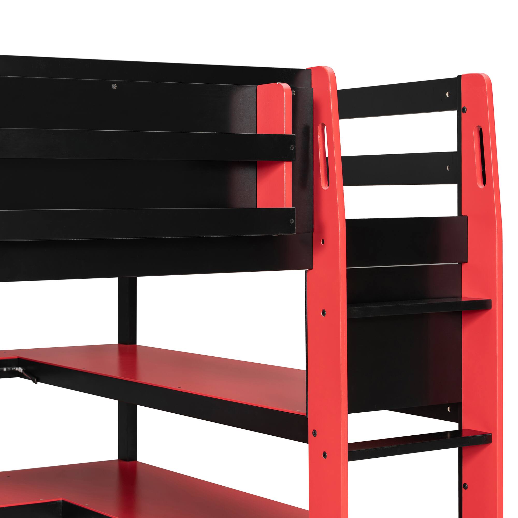 Alt View 3. Anysun - Full Size Wood Loft Bed with Desk,Side storage rack,Multi-storage Shelves and RGB Light - Red.