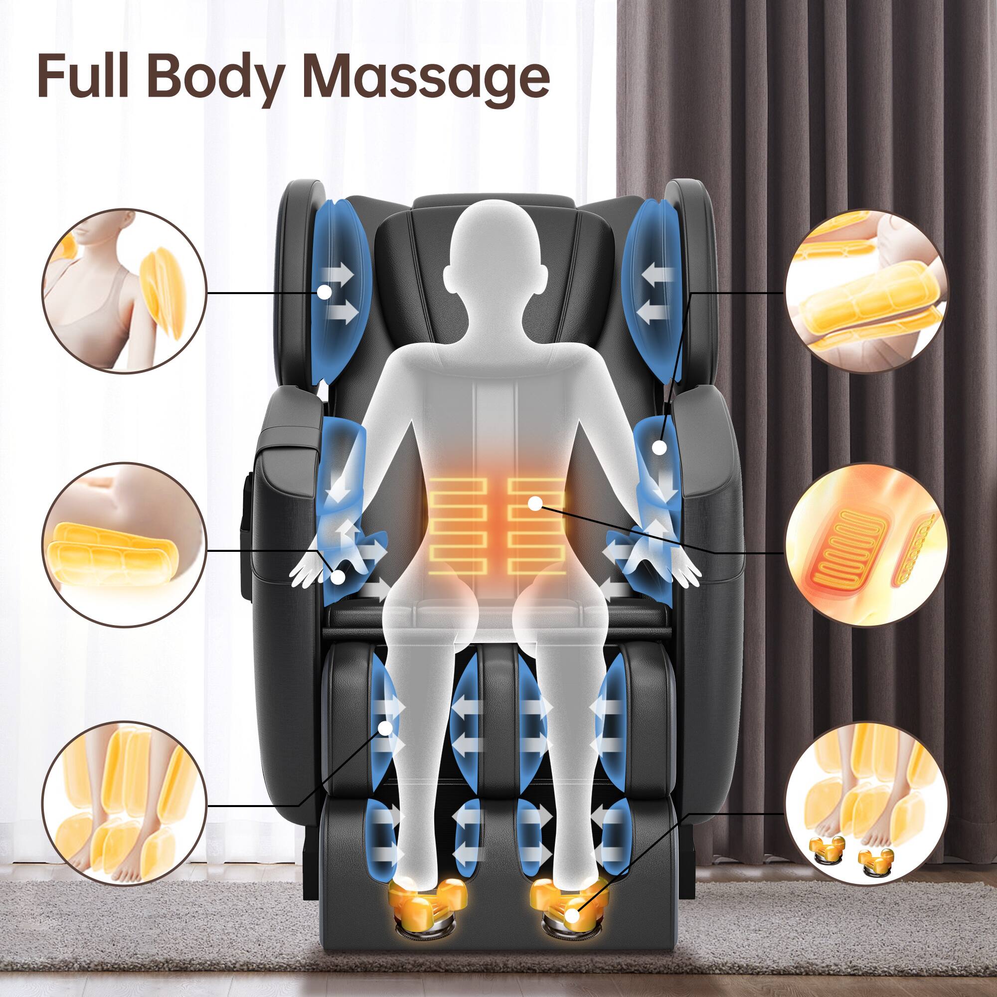 Full Body Massage

- Neck and Shoulders
- Back and Lumbar
- Arms and Hands
- Legs and Feet
- Heat Therapy