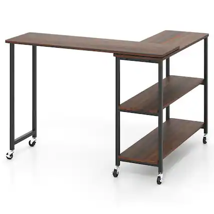 Front. Kadyn - 360-Degree Rotating Sofa Couch Table with Wheels and Shelf, Walnut - Brown.