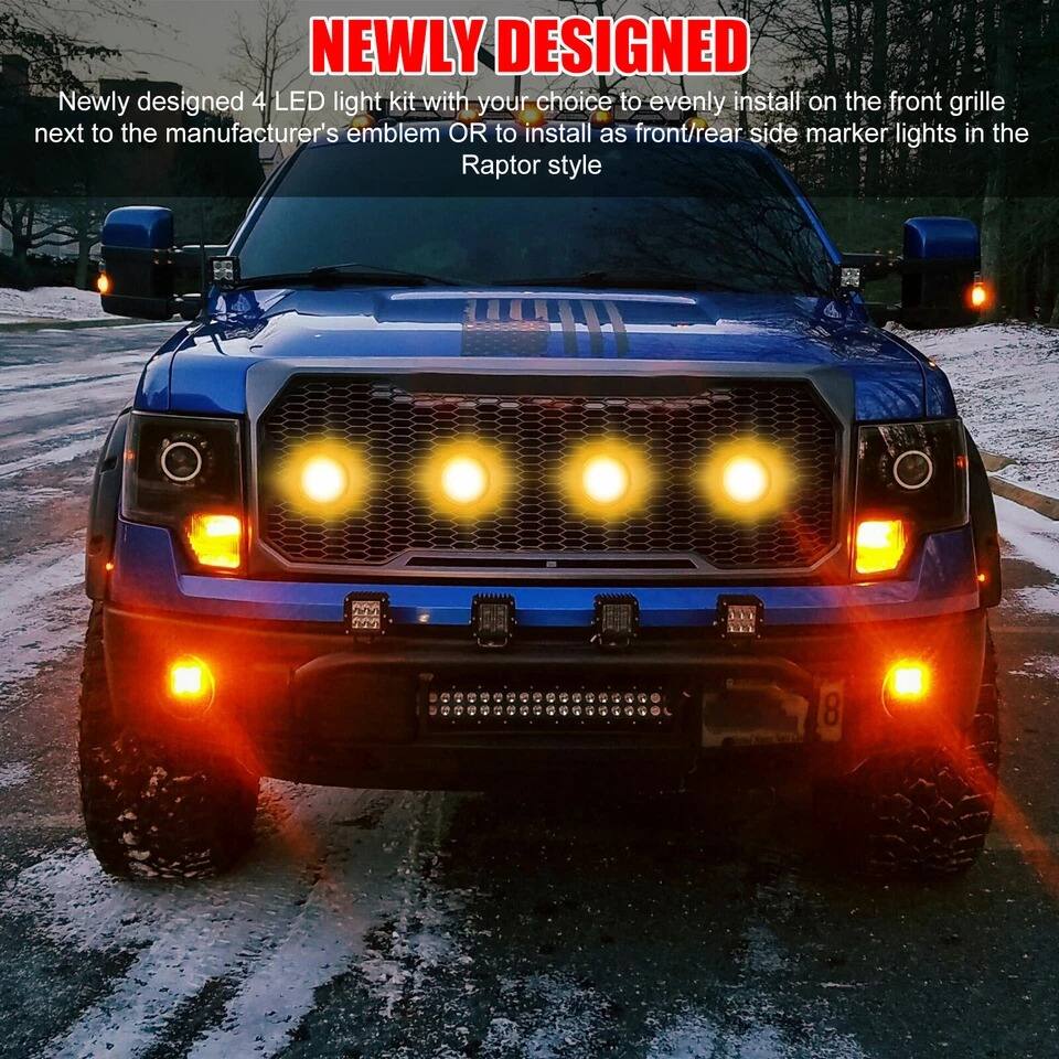 NEWLY DESIGNED

Newly designed 4 LED light kit with your choice to evenly install on the front grille next to the manufacturer's emblem OR to install as front/rear side marker lights in the Raptor style