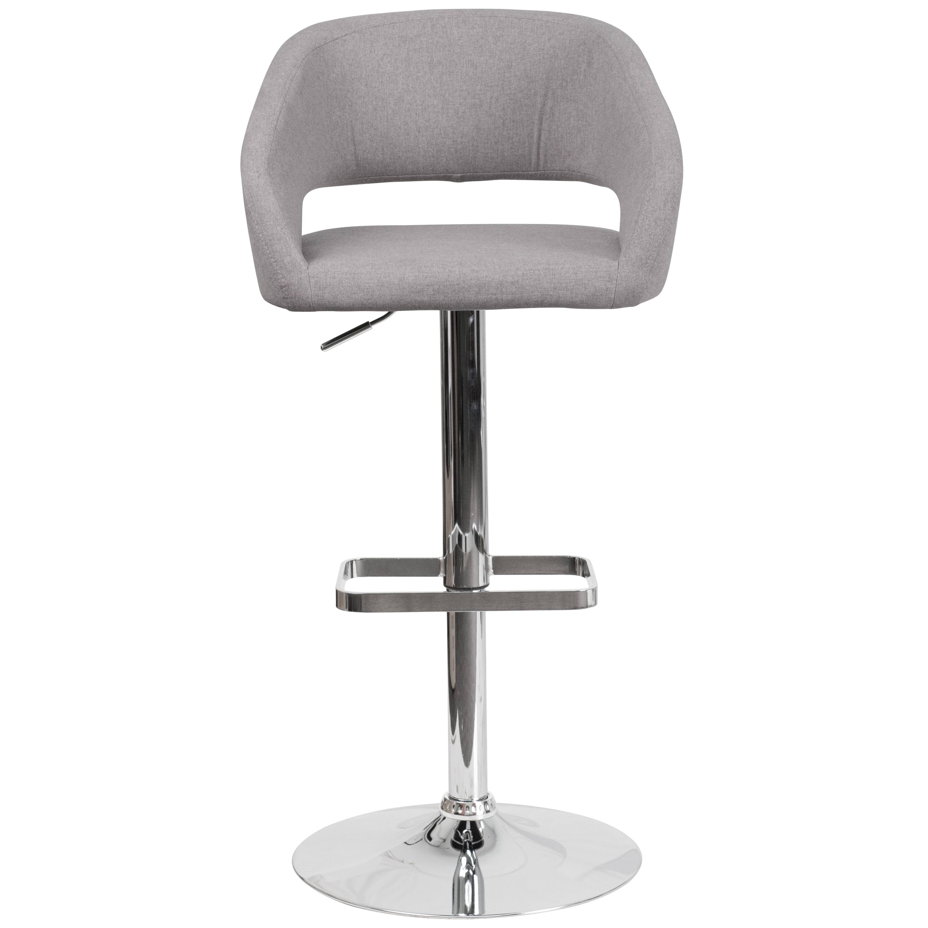 Alt View 7. Emma + Oliver - Shae Contemporary Upholstered Adjustable Height Barstool with Rounded, Cutout Mid-Back and Pedestal Base - Gray Fabric/Chrome Frame.