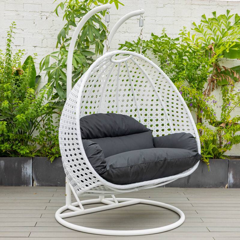 Left. LeisureMod - Leisuremod Modern 2-Person Outdoor Egg Swing White Wicker Chair with Stand, Plush Washable Cushions & Waterproof Cover - Black.