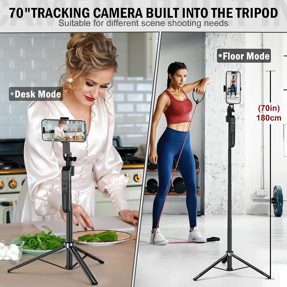70" TRACKING CAMERA BUILT INTO THE TRIPOD  
Suitable for different scene shooting needs  

- Desk Mode  
- Floor Mode  

(70in) 180cm