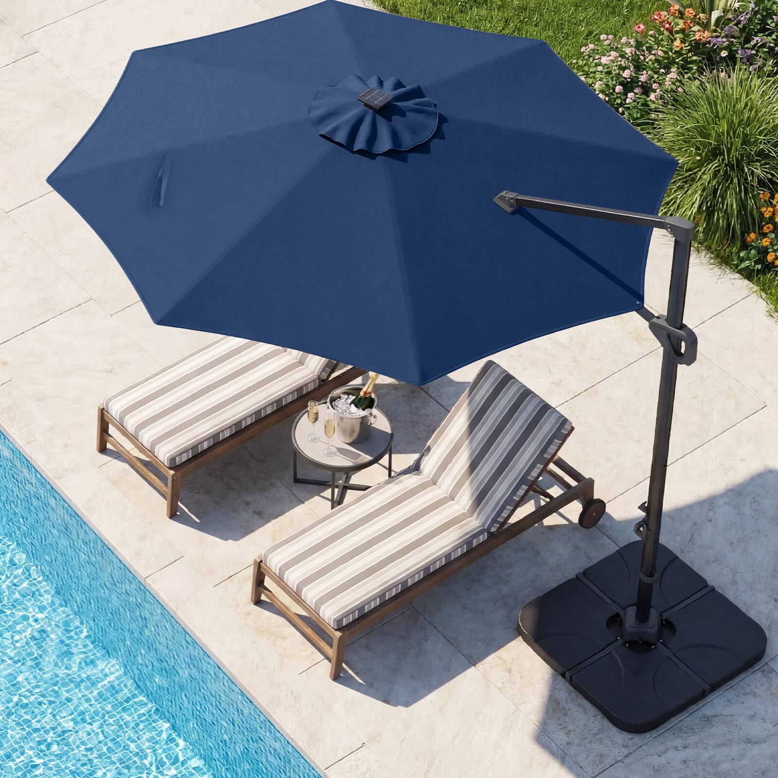 Alt View 4. Costway - Costway 10 FT Cantilever Patio Umbrella with 35 Solar LED Lights 220 LBS Base 360° Rotation - Navy + Black.