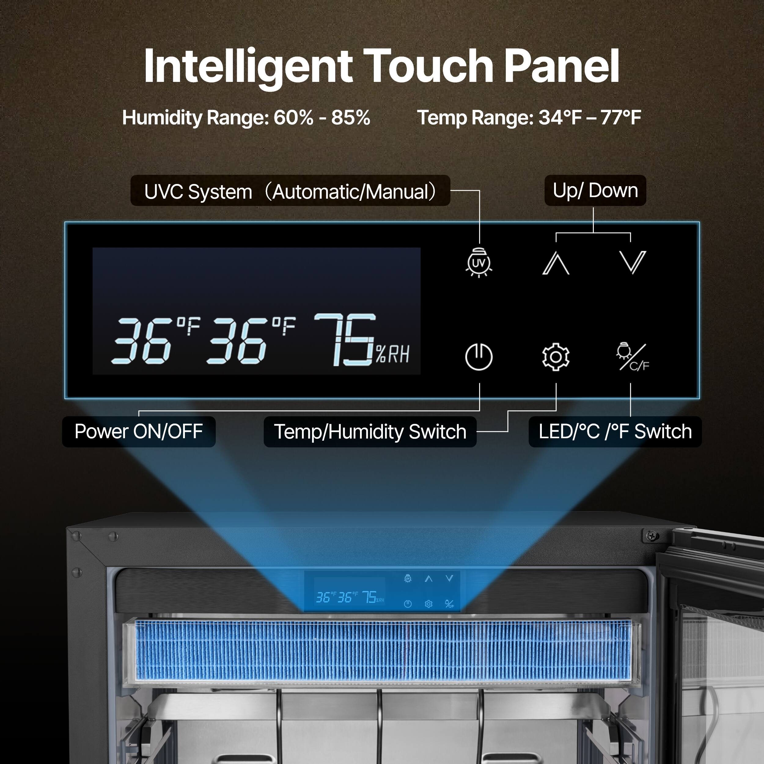 Intelligent Touch Panel  
Humidity Range: 60% - 85%  
Temp Range: 34°F - 77°F  

UVC System (Automatic/Manual)  
Up/Down  

36°F 36°F 75% RH  

Power ON/OFF  
Temp/Humidity Switch  
LED/°C /°F Switch