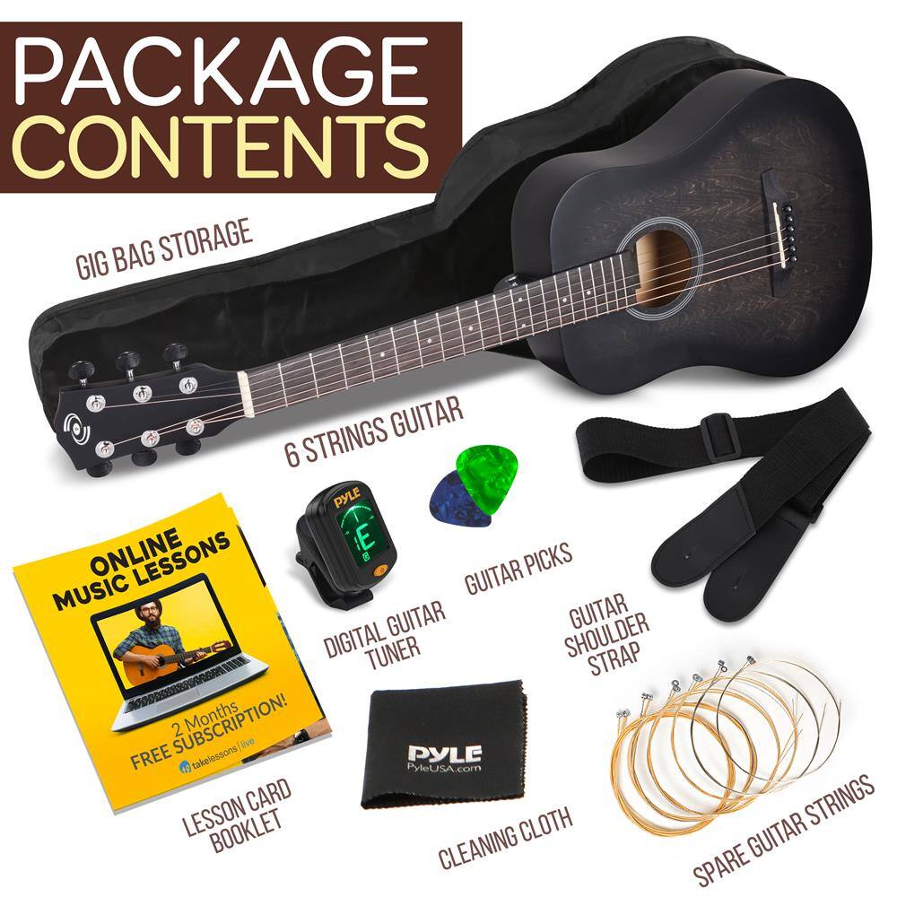 PACKAGE CONTENTS

- GIG BAG STORAGE
- 6 STRINGS GUITAR
- ONLINE MUSIC LESSONS
  - 2 Months FREE SUBSCRIPTION!
  - LESSON CARD BOOKLET
- DIGITAL GUITAR TUNER
- GUITAR PICKS
- GUITAR SHOULDER STRAP
- SPARE GUITAR STRINGS
- CLEANING CLOTH