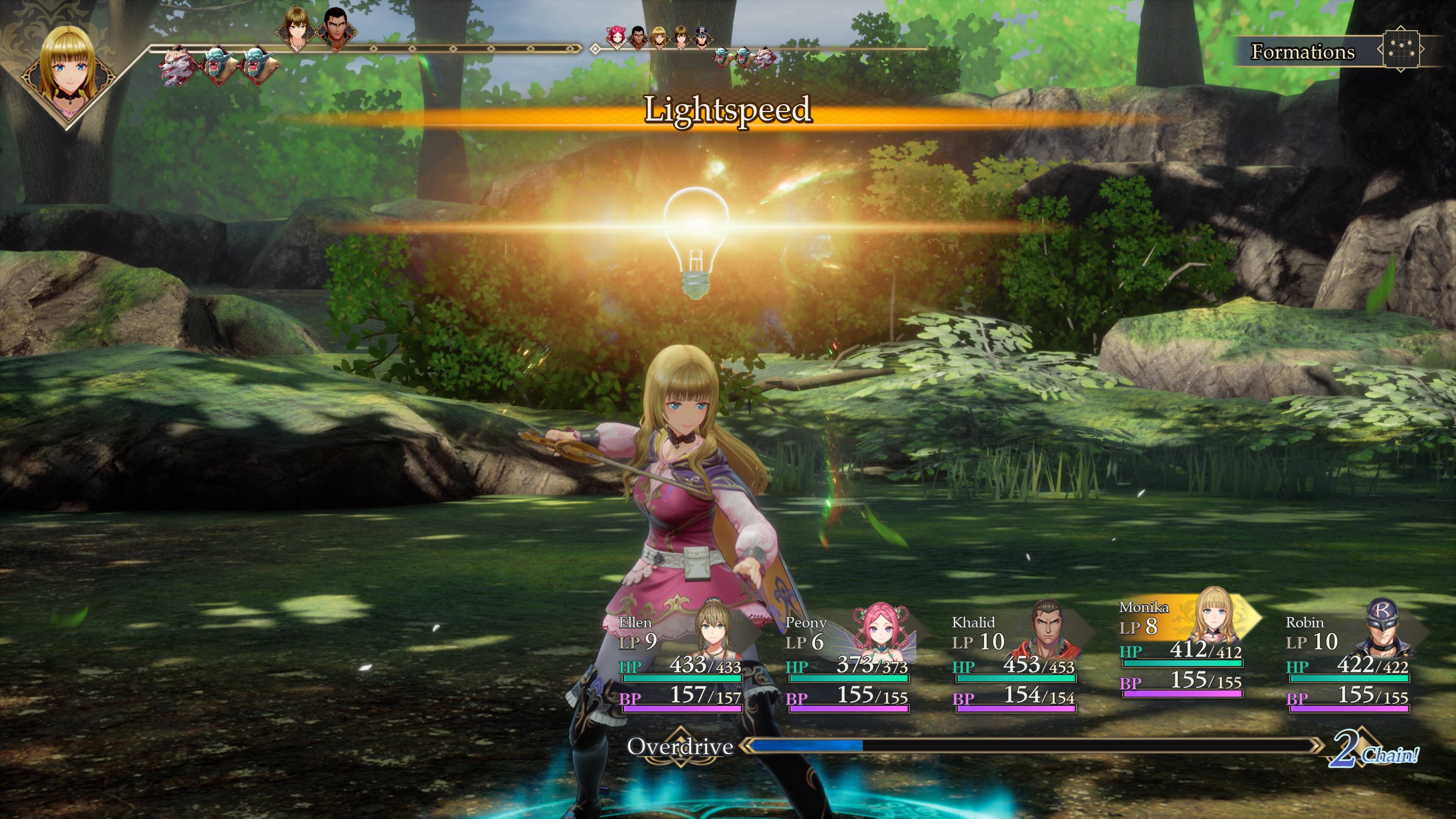 Formations  
Lightspeed  
Ellen I.P 9 HP 433/433 BP 157/157 Overdrive  
Peony LP 6 HP 373/373 BP 155/155  
Khalid LP 10 HP 453/453 BP 154/154  
Monika LP 8 HP 412/412 BP 155/155  
R Robin LP 10 HP 422/422 BP 155/155 2-Chain! Chain!