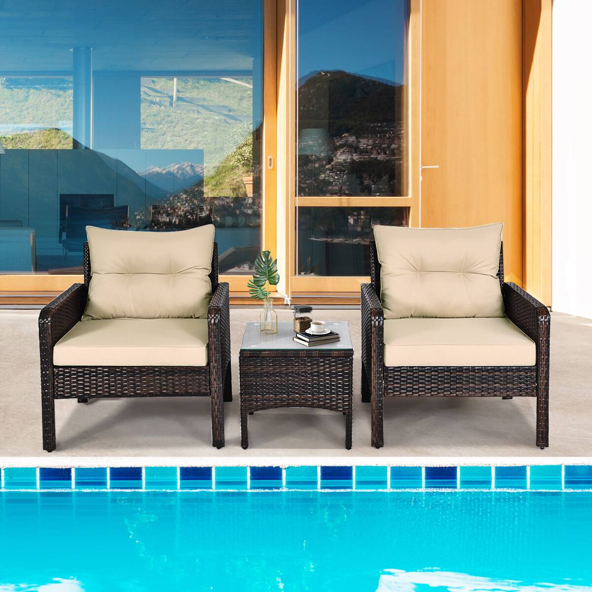 Alt View 2. Gymax - Gymax 3PCS Patio Outdoor Rattan Furniture Set Brown w/ Cushioned Chairs Coffee Table - Brown.