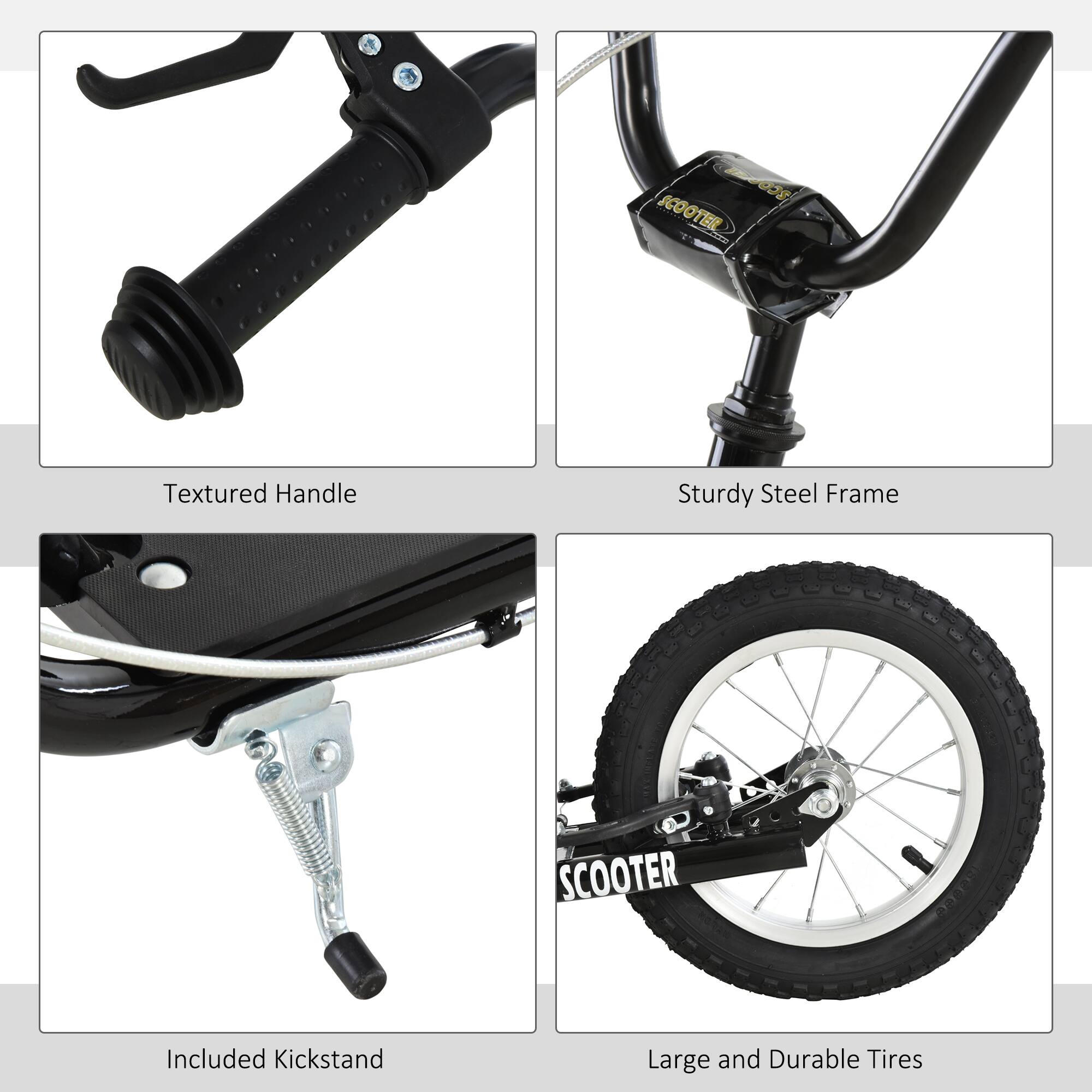 - Textured Handle
- Sturdy Steel Frame
- Included Kickstand
- Large and Durable Tires