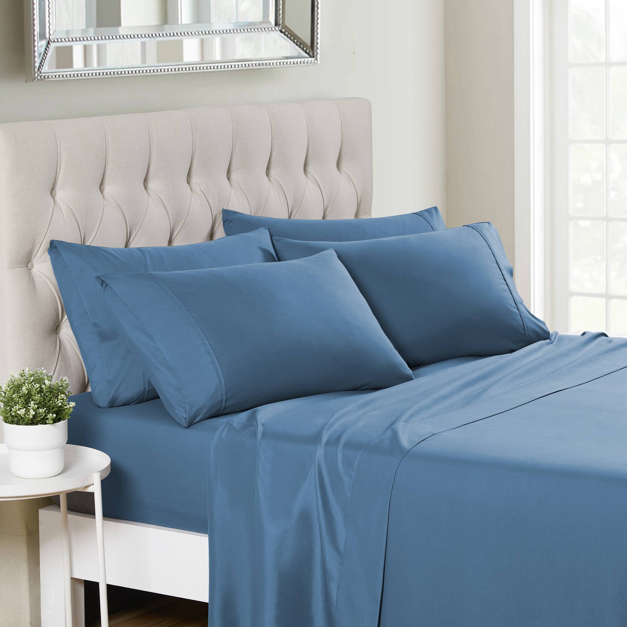Front. Sweet Home Collection - Deluxe Microfiber Sheet Set with Bonus Pillowcases, Ultra Soft 1500 Series , Split King - Denim.