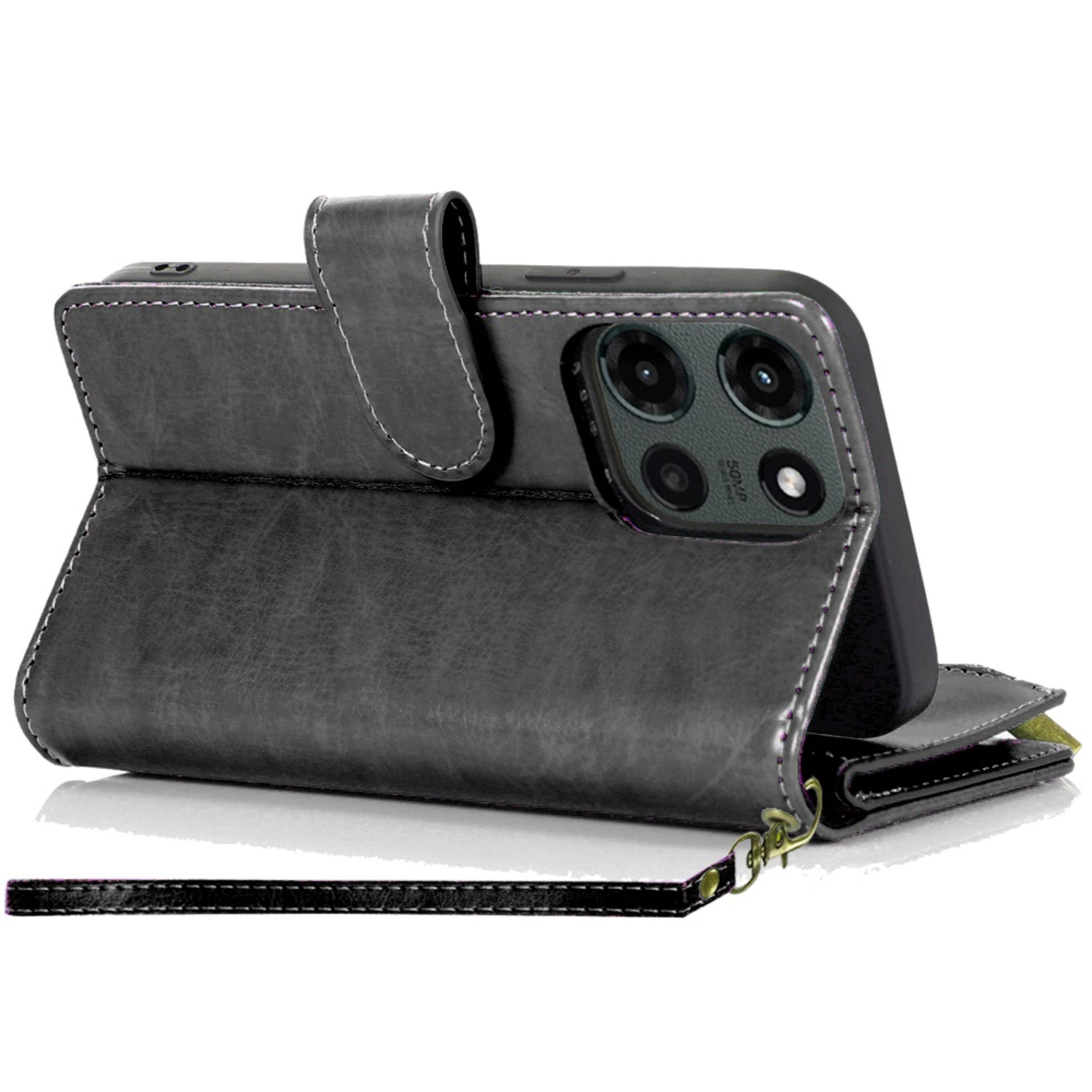 Angle. Kitcheniva - Luxury Wallet Zipper Holder Case With Tempered Glass For Moto G Stylus 2026/2025 Black - Black.