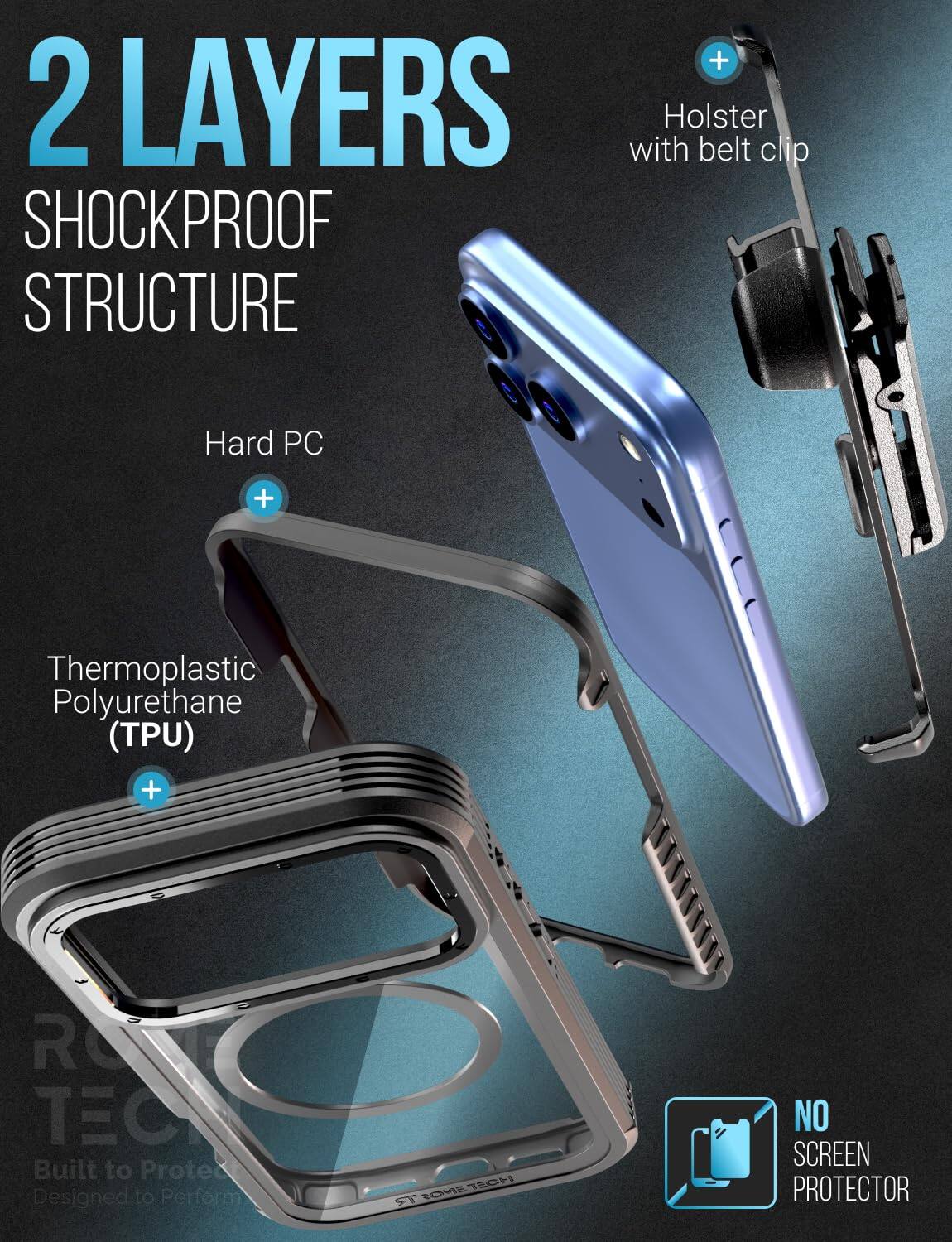 2 LAYERS with Holster belt clip SHOCKPROOF STRUCTURE

Hard PC

Thermoplastic Polyurethane (TPU)

R TECH Built to Protect Designed to Perform

NO SCREEN PROTECTOR