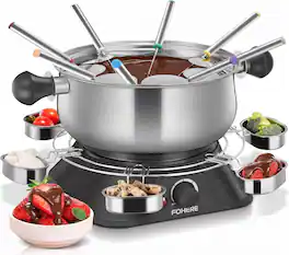 FOHERE - Electric Fondue Set with 1500W Power for Cheese,Chocolate, 2L Fondue Pot with 8 pcs Forks,6 pcs Cups - Silver
