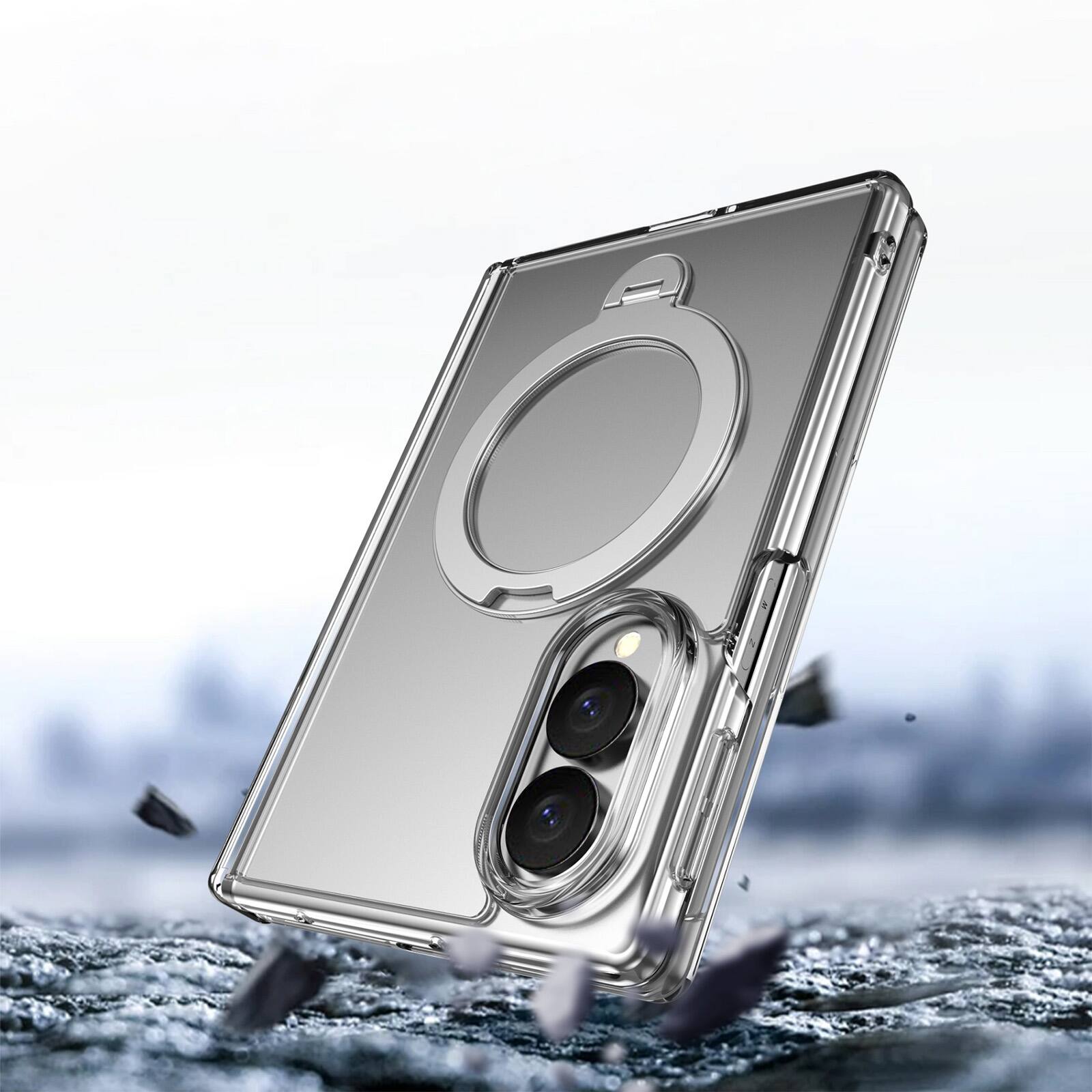 Left. Dteck - For Samsung Galaxy Z Fold8 Magnetic Case Built-in Screen Protector,Shockproof Ring Stand Clear Back Hinge Protect Cover - Clear.
