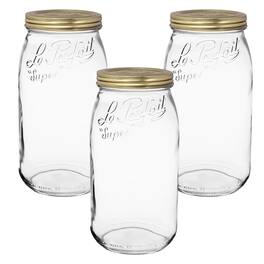 Le Parfait - Screw Top Jar - 3L Wide Mouth French Glass Canning Jar w/ 2-Piece Gold Lid, 96oz/3 Quarts (Pack of 3)