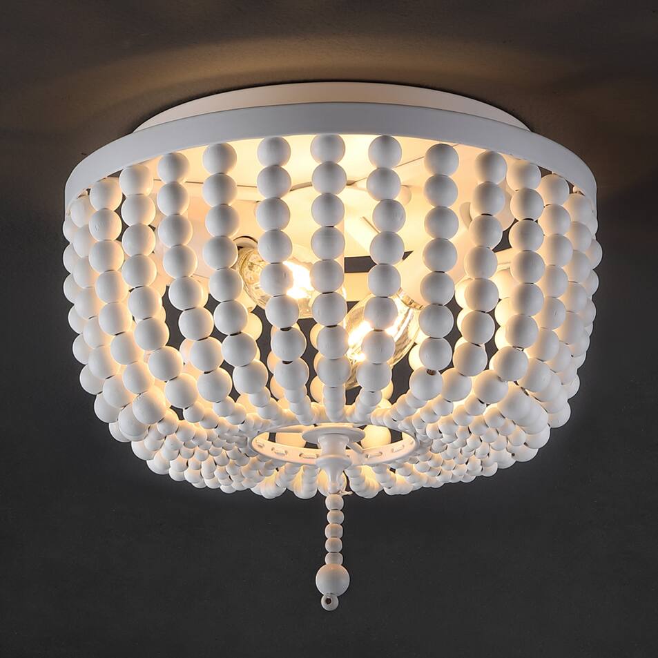 Alt View 1. Jonathan Y - Allison 10" 2-Light Shabby Chic Farmhouse Wood Beaded/Metal LED Flush Mount, White - White.