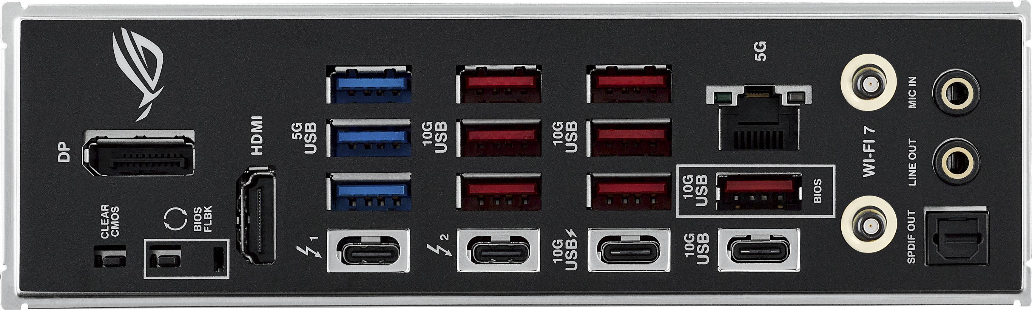 The text on the image reads:
5G 5 DP CLEAR CMOS C BIOS FLBK HDMI 5G USB 1 10G USB 2 42 10G USB 10G USB 10G USB BIOS 7 WI-FI IN MIC OUT LINE OUT SPDIF
The corrected text is:
5G 5 DP CLEAR CMOS C BIOS FLBK HDMI 5G USB 1 10G USB 2 42 10G USB 10G USB 10G USB BIOS 7 WI-FI IN MIC OUT LINE OUT SPDIF