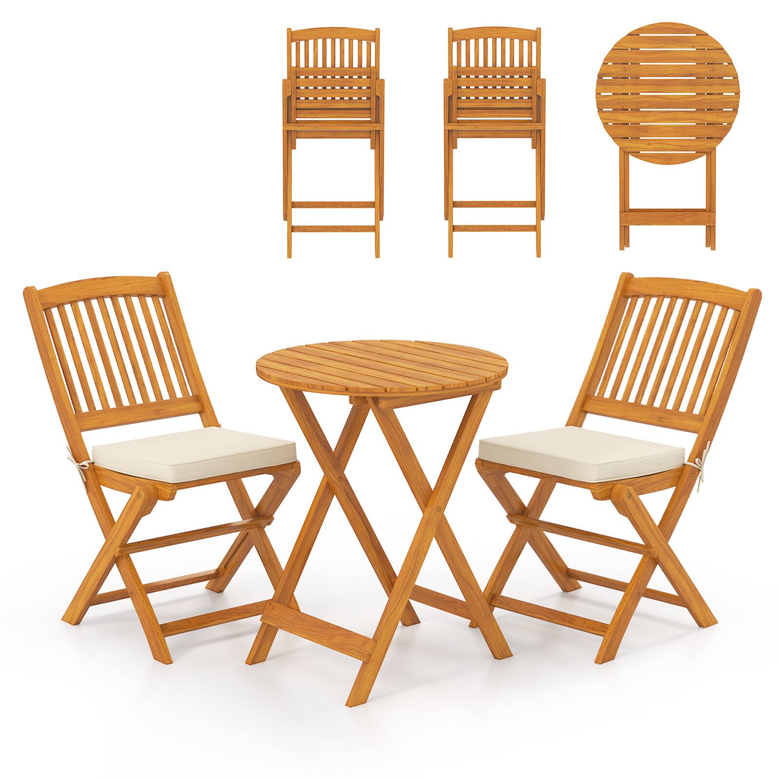 Alt View 8. Gymax - Gymax 3 PCS Patio Bistro Set Folding Dining Chairs w/ Coffee Table Padded Cushion Seats - White.