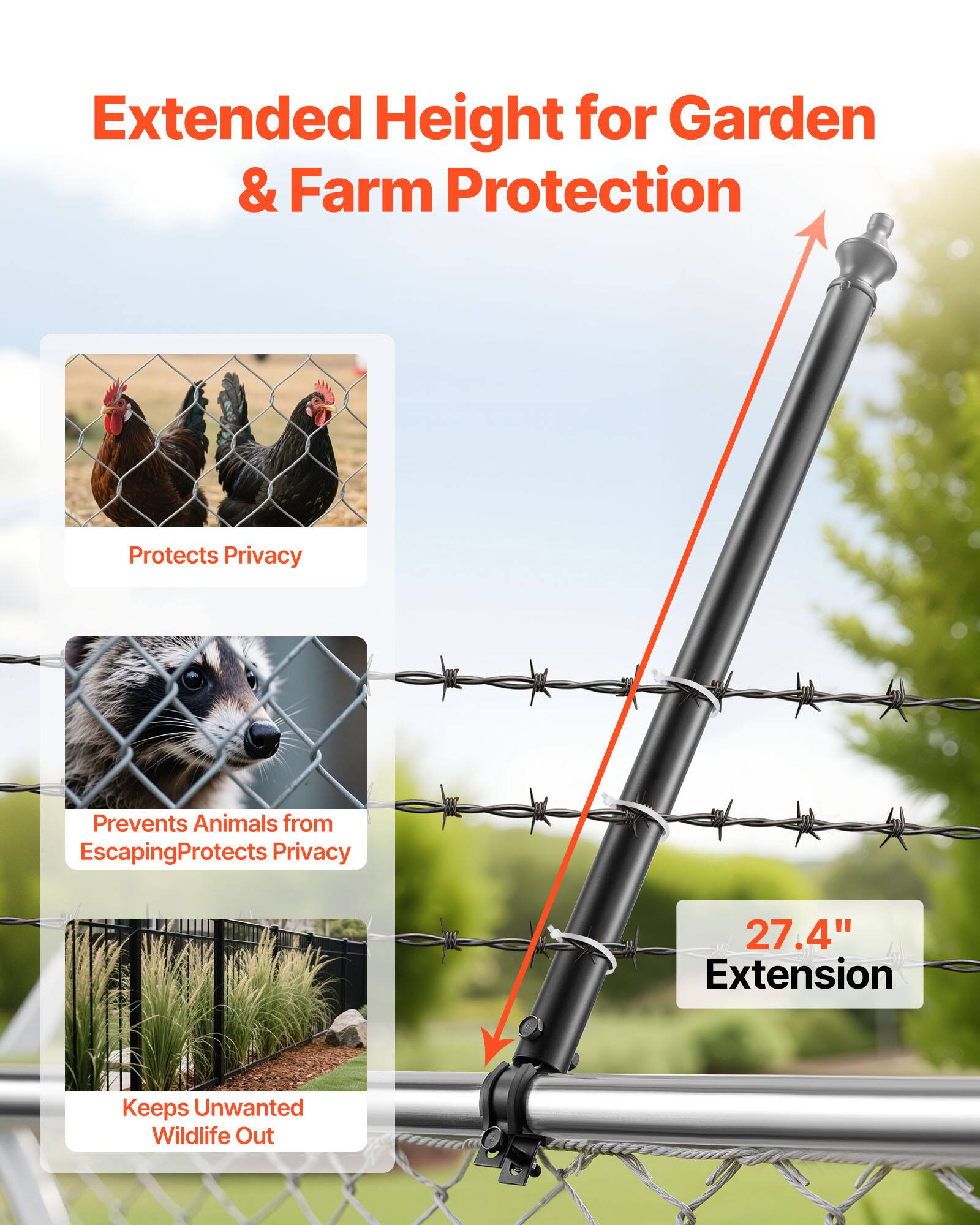 Extended Height for Garden & Farm Protection  
Protects Privacy  
Prevents Animals from Escaping  
Protects Privacy  
Keeps Unwanted Wildlife Out  
27.4" Extension