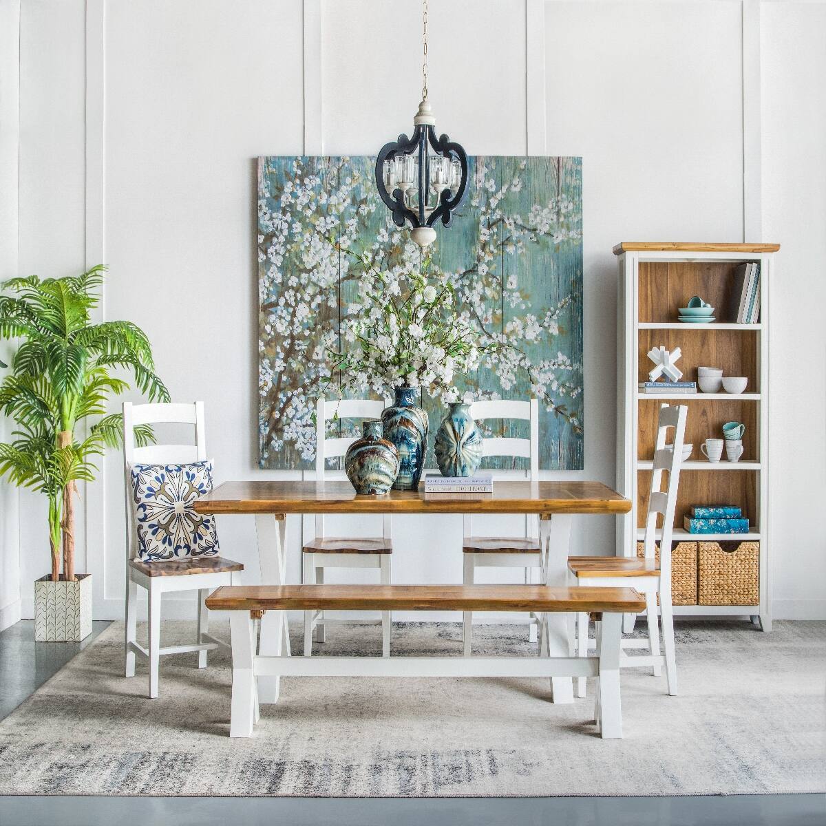 Left. Loheer - Loheer 6 Light Wood Chandelier Blue and White Farmhouse Pendant for Dining Room.