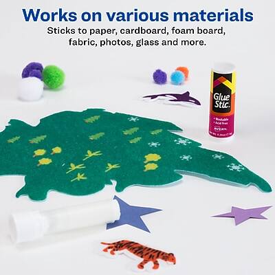 Works on various materials  
Sticks to paper, cardboard, foam board, fabric, photos, glass and more.  

Glue Stic  
Rachable Acid Free