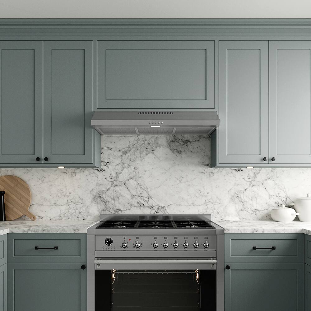 Left. Streamline - 36 in. Lucca Convertible Undermount 80 CFM Range Hood, Mesh Filters, Push Button Control, LED Light - Brushed Stainless Steel.