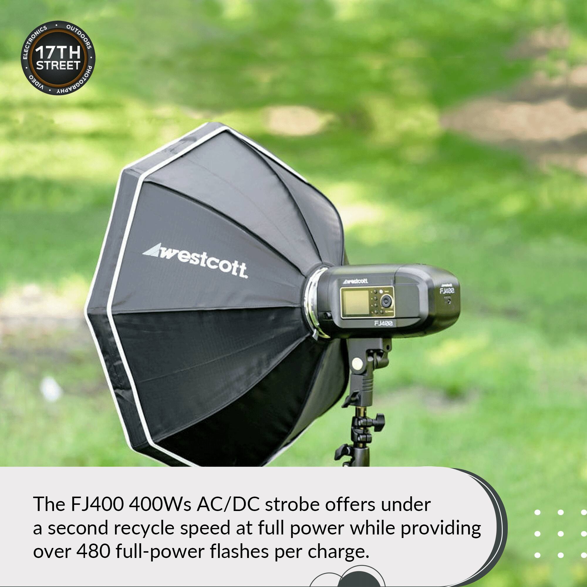 ELECTRONICS OUTDOORS 17TH STREET AIDEO ANAYEDOLOHA westcott nothi Fuze FM420

The FJ400 400Ws AC/DC strobe offers under a second recycle speed at full power while providing over 480 full-power flashes per charge.
