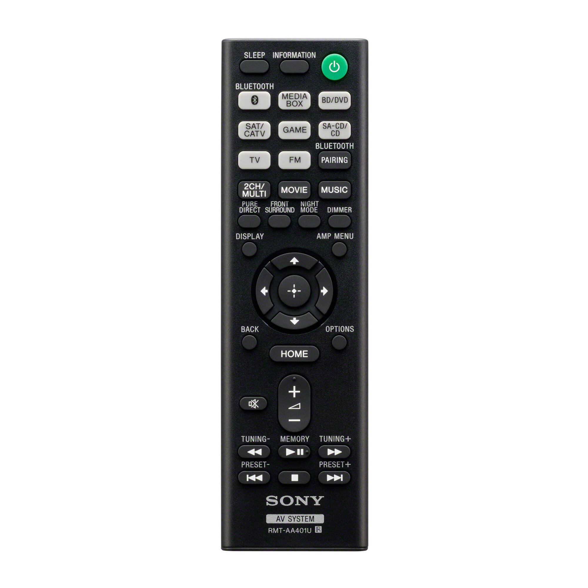 SLEEP INFORMATION BLUETOOTH MEDIA & BD/DVD BOX SAT/CATV SA-CD/ BLUETOOTH GAME CD PAIRING TV FM 2CH/ MUSIC MULTI DISPLAY AMP MENU BACK OPTIONS HOME + - TUNING- MEMORY TUNING+ PRESET- PRESET+ SONY AV SYSTEM RMT-AA401U R