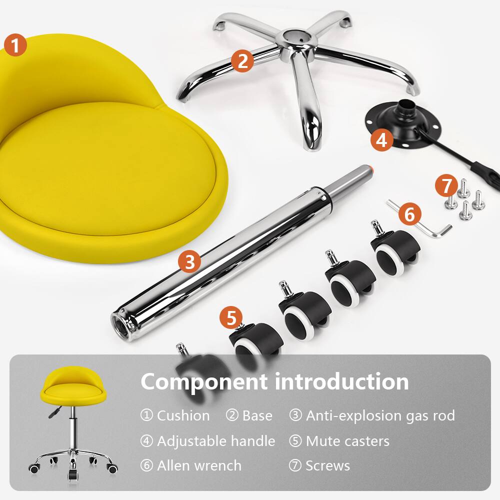 1. Cushion  
2. Base  
3. Anti-explosion gas rod  
4. Adjustable handle  
5. Mute casters  
6. Allen wrench  
7. Screws  

Component introduction  
1. Cushion  
2. Base  
3. Anti-explosion gas rod  
4. Adjustable handle  
5. Mute casters  
6. Allen wrench  
7. Screws