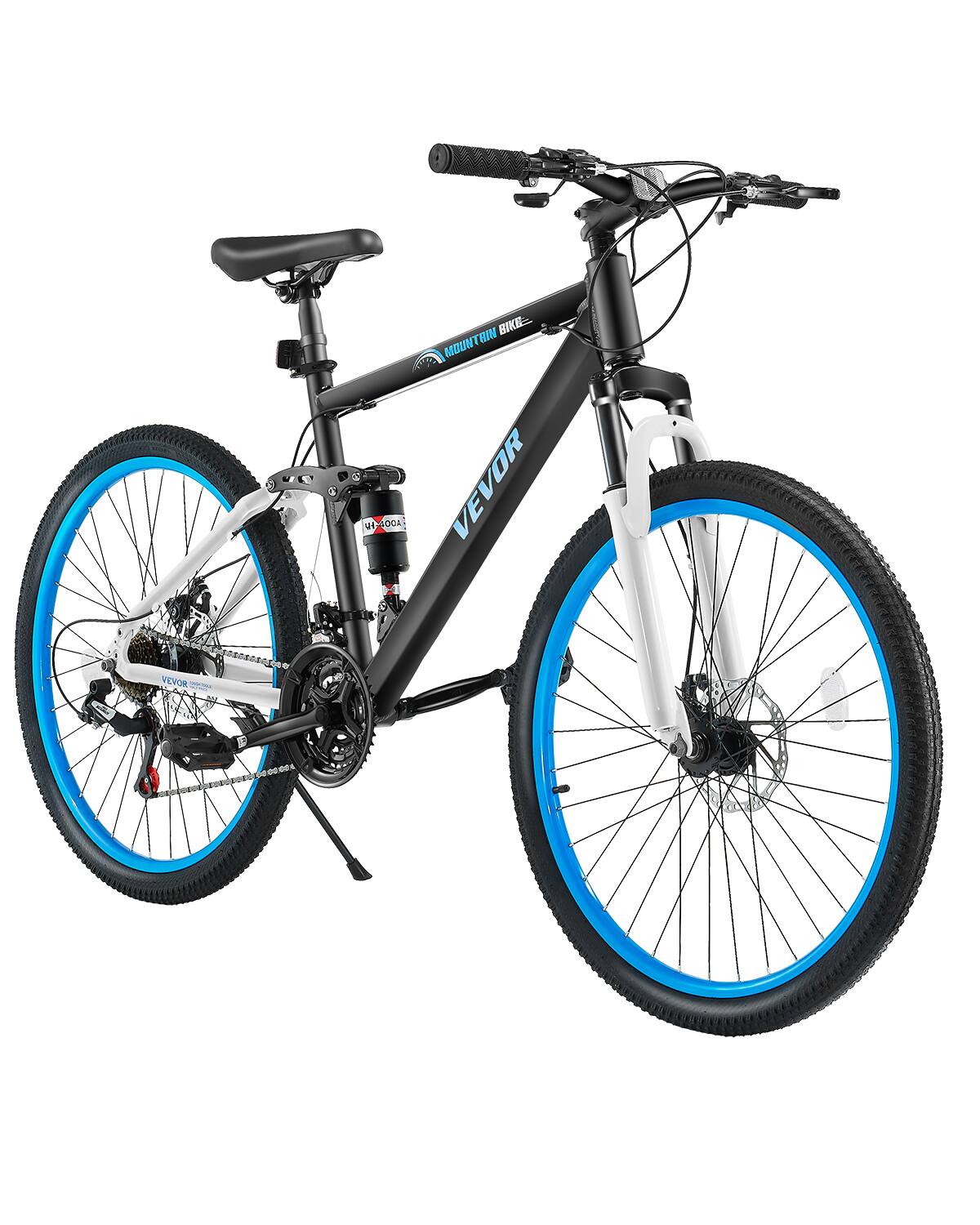 VEVOR - Mountain Bike,26 inch MTB Bicycle with Full Dual Suspension, 21 Speed Twist Shifting, Comfort Saddle, Dual Disc Brake - Blue, black