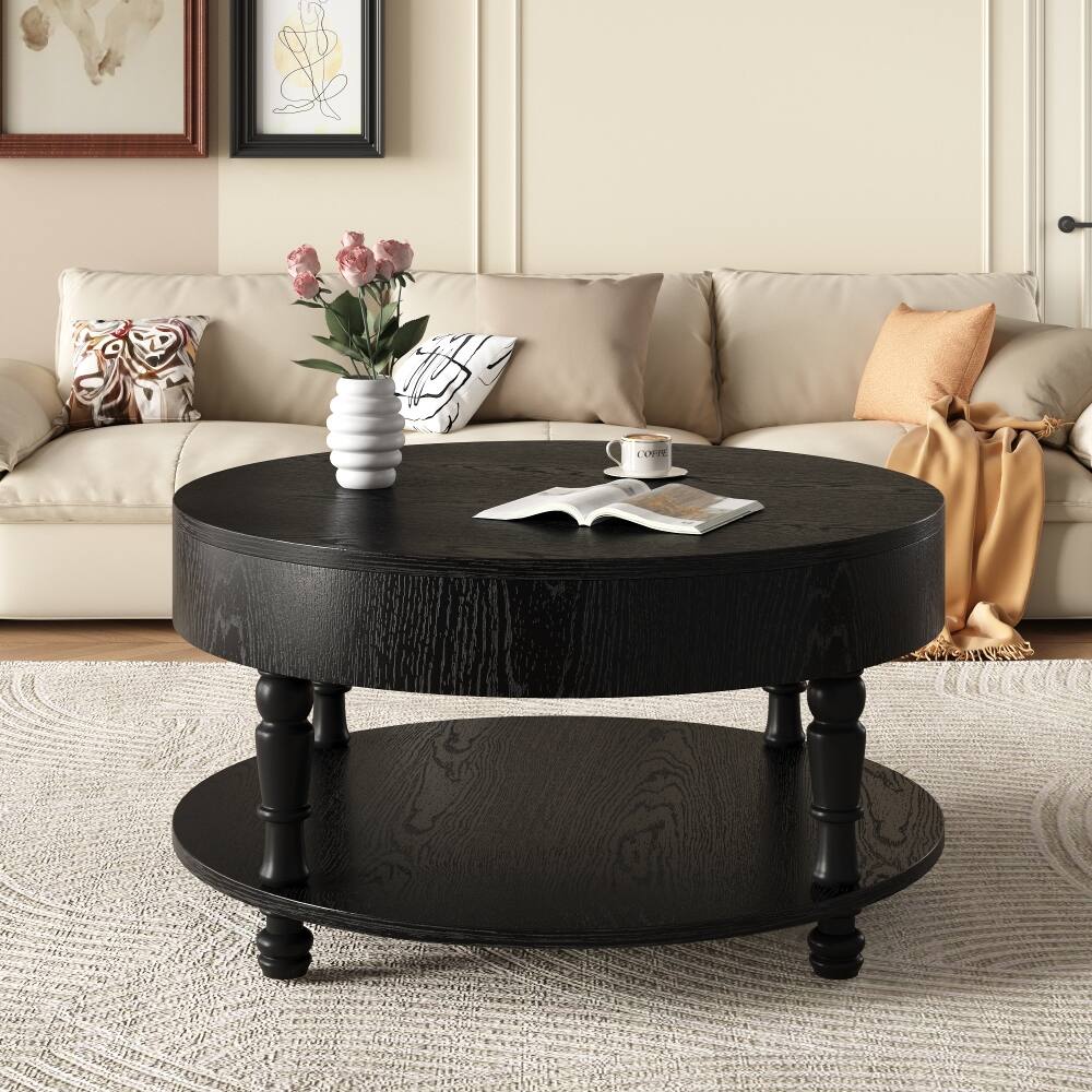 Back. Loheer - Loheer Black Flip Top Coffee Table, Round Coffee Table with Storage - Black.