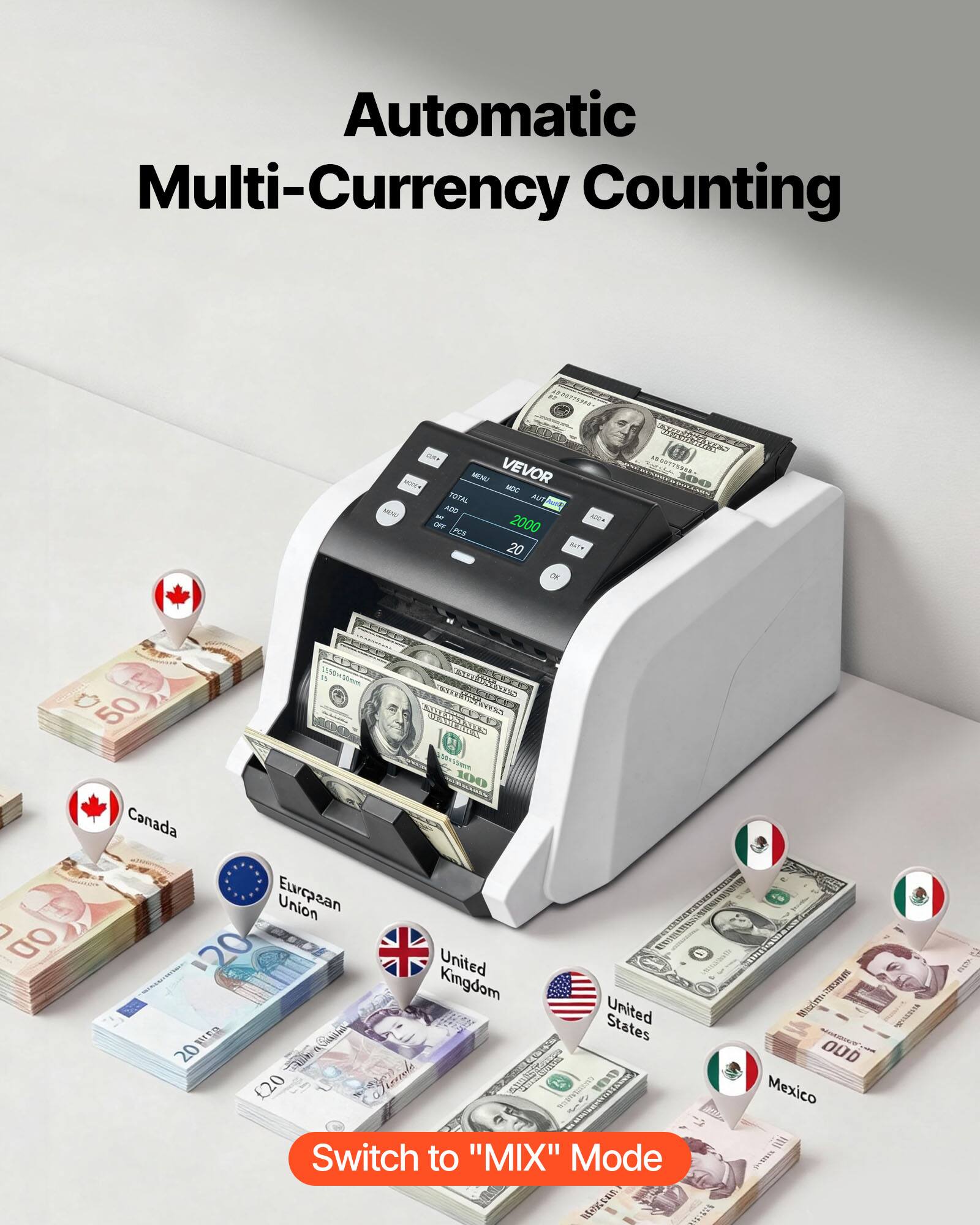 Automatic Multi-Currency Counting

VEVOR MNA MENO VEVOR NEC TOTAL ALP - ADD AnA OFF PCA 2000 20 Te OK (( OMTIOED  HD  n 1NSmm D 50 6 A I VN 100 Canada European Union >  W 20 United Kingdom United States 20 OVLNG 20 ioriola Switch to "MIX" Mode  RIS  Tacanm E Mru OUD Mexico

Switch to "MIX" Mode