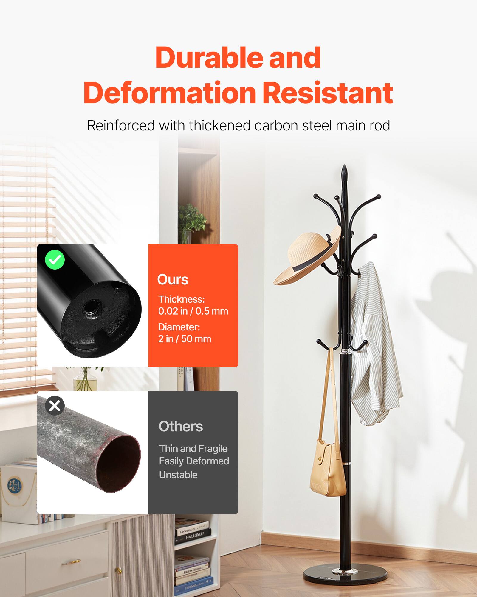 Durable and Deformation Resistant  
Reinforced with thickened carbon steel main rod  

Ours  
Thickness: 0.02 in / 0.5 mm  
Diameter: 2 in / 50 mm  

Others  
Thin and Fragile  
Easily Deformed  
Unstable