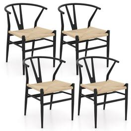 Costway - Modern Dining Chair Set of 4 Weave Kitchen Armchairs with Y-Shaped Curved Backrest - Beige+Black