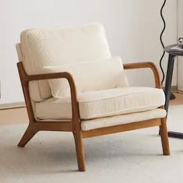 Winado - Upgraded Corduroy Upholstered Solid Wood Reading Arm Accent Chair with Lumbar Pillow for Living Room Bedroom Guest Room - Beige