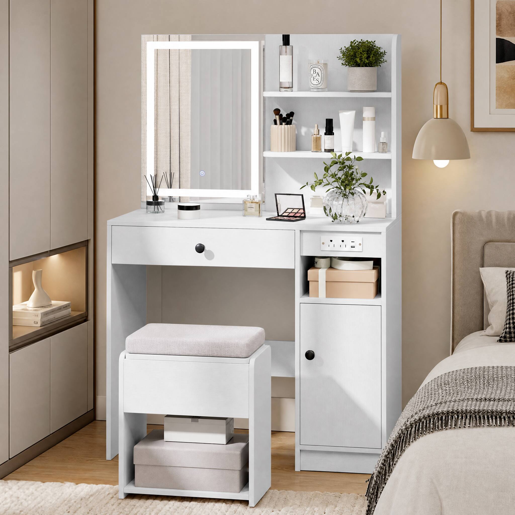 Angle. WELLFOR - Makeup Vanity Desk with 3‑Color Dimmable Lighted Mirror, Charging Station and Storage Cushioned Stool for Bedroom - White.