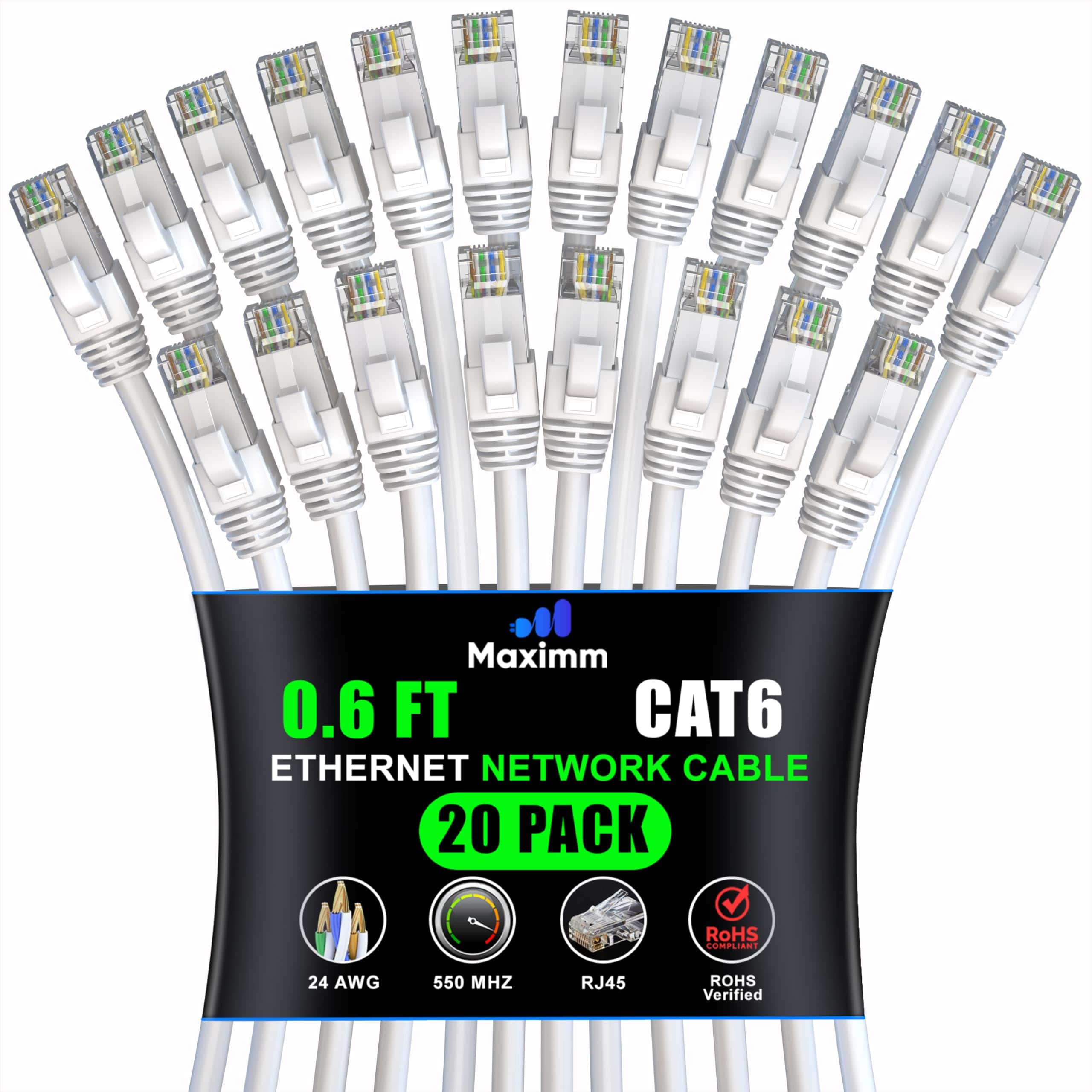Maximm - Cat 6 Ethernet Cable 0.6 ft (20-Pack) - UTP, 10Gbps, 550MHz