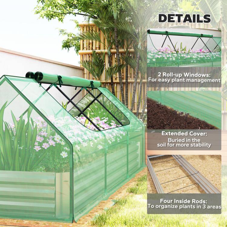 DETAILS

2 Roll-up Windows: For easy plant management

Extended Cover: Buried in the soil for more stability

Four Inside Rods: To organize plants in 3 areas