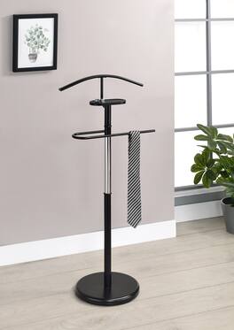 Kings Brand Furniture - Modern Freestanding Valet Stand, Metal Suit Rack with Jacket Hanger, Trouser Bar and Tie Holder - Black/Chrome