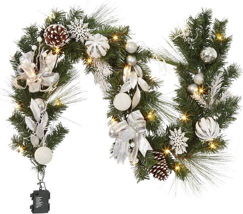 Front. Acekool - 6 ft Christmas Decorations Multi-Color Christmas Garland with Pine Cones, Antlers & Ornaments - Silver.