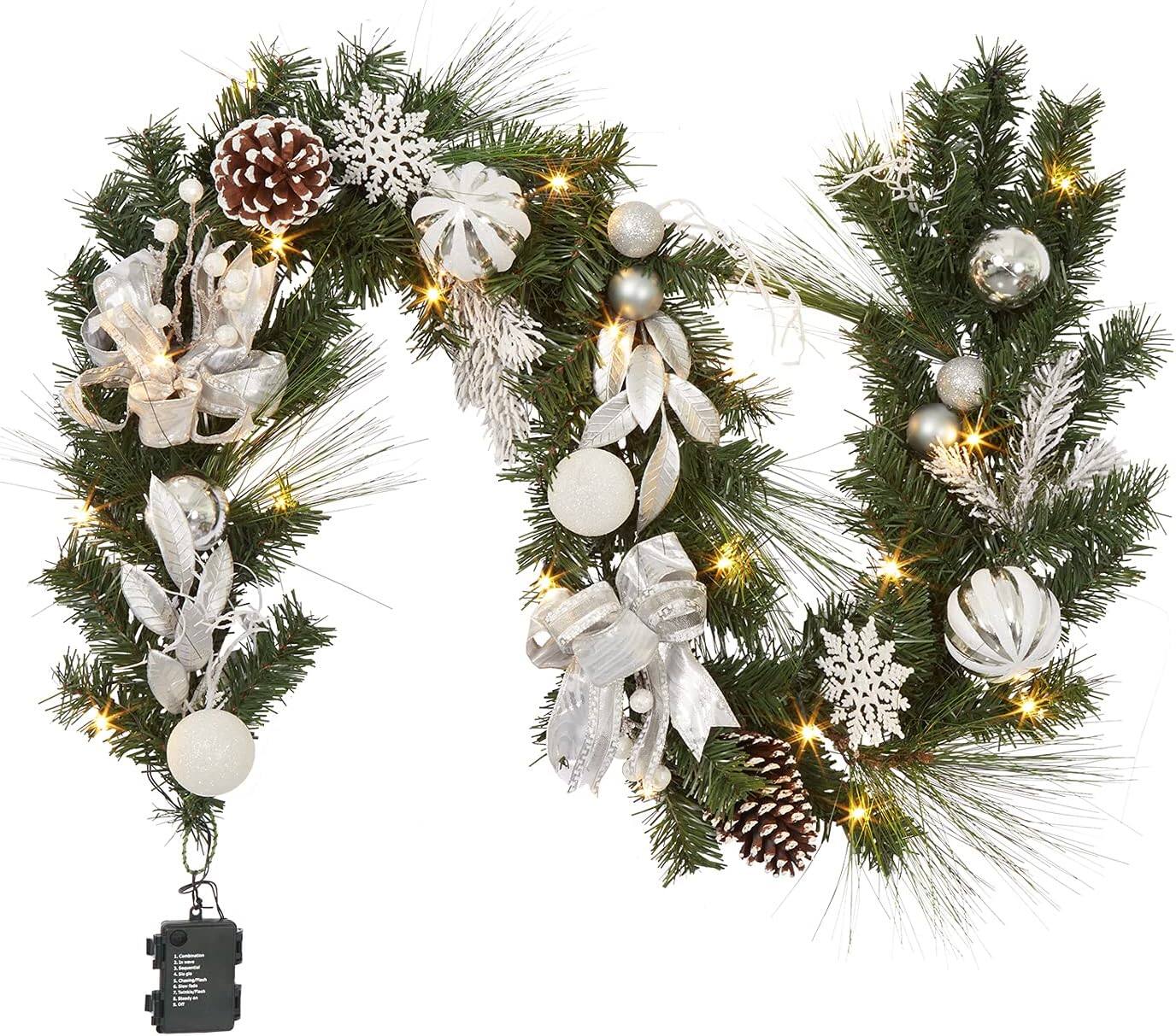 Front. Acekool - 6 ft Christmas Decorations Multi-Color Christmas Garland with Pine Cones, Antlers & Ornaments - Silver.